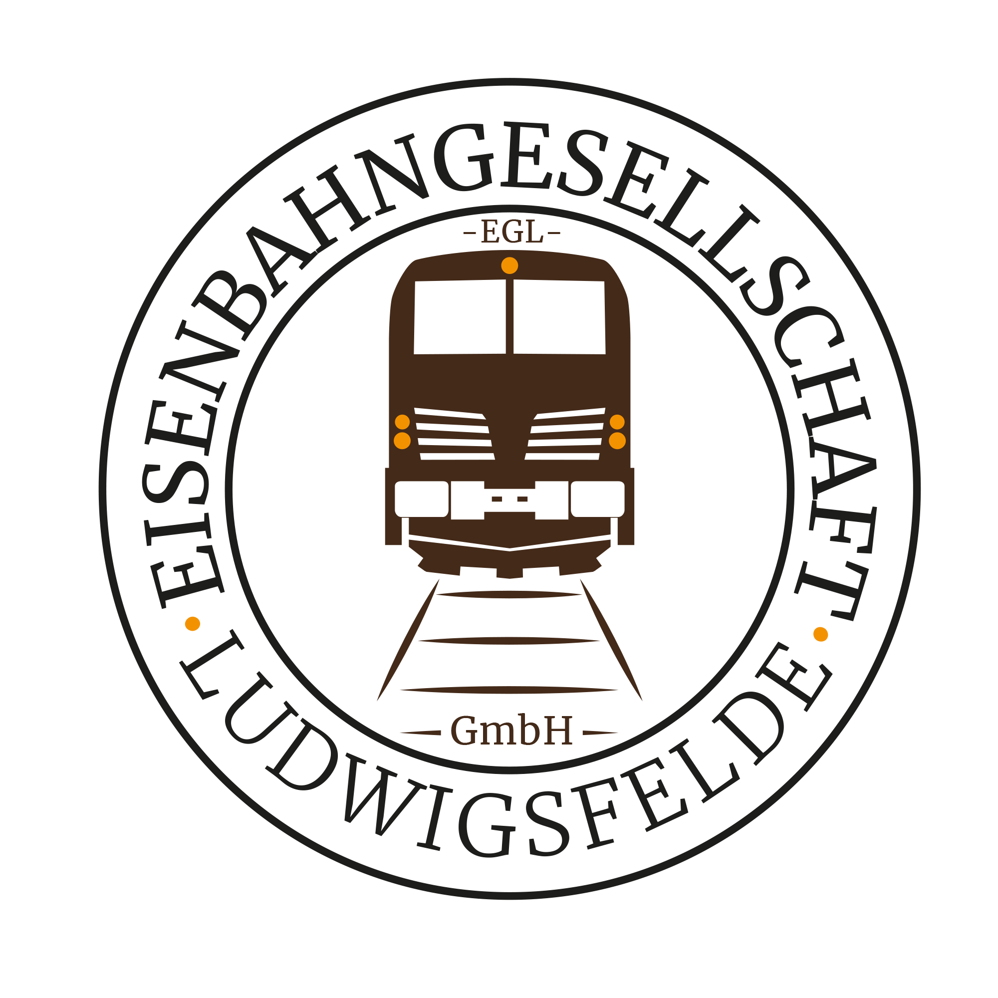 Logo EGL Gmbh, Eisenbahn Frontansicht umrundet vom Schriftzug Eisenbahngesellschaft Ludwigsfelde
